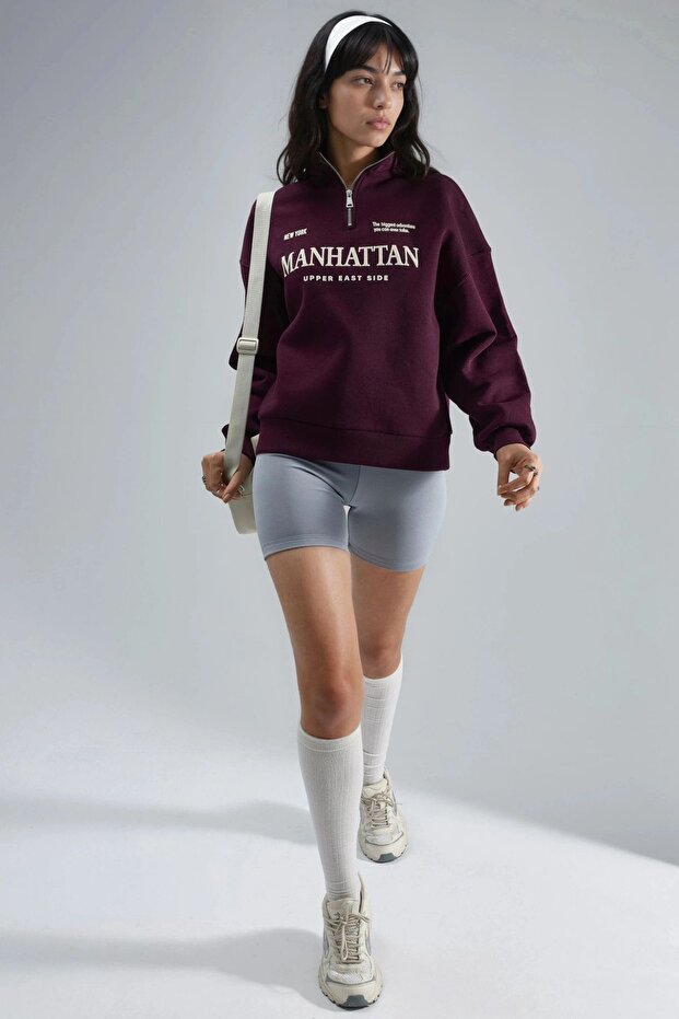 BUSEM Oversized Baskılı Fermuarlı Yaka Sweatshirt - 5