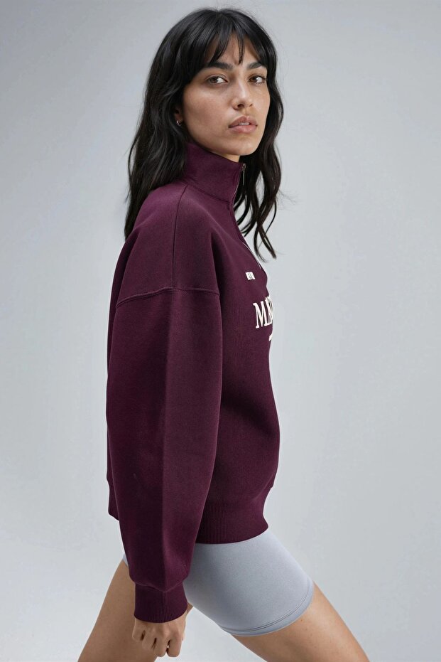 BUSEM Oversized Baskılı Fermuarlı Yaka Sweatshirt - 3