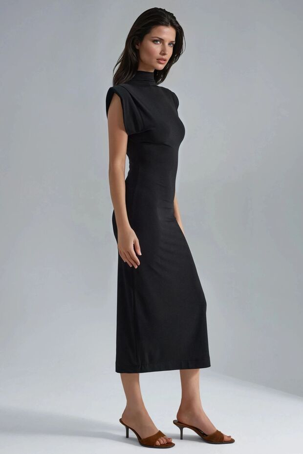 BUSEM Vatkalı Yırtmaç Detaylı Midi Elbise - 3