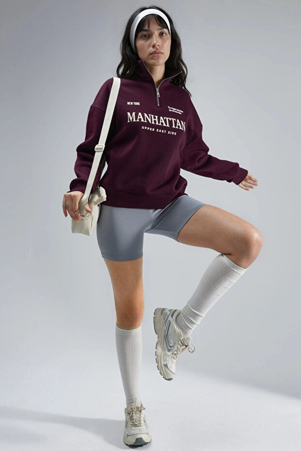 BUSEM Oversized Baskılı Fermuarlı Yaka Sweatshirt - 4