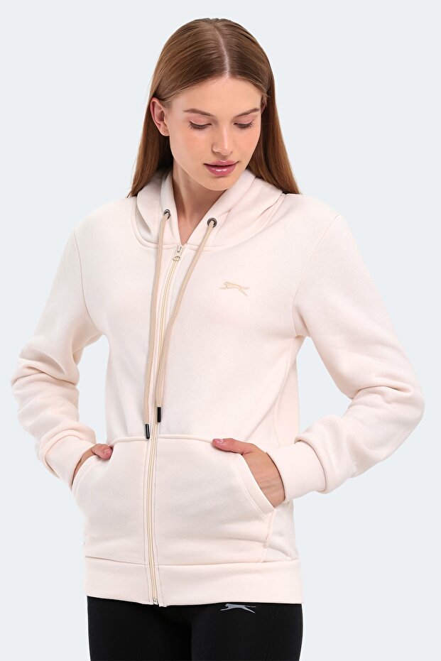 Hooded Ecru Women's Zippered Sweatshirt Casual Modern Outerwear