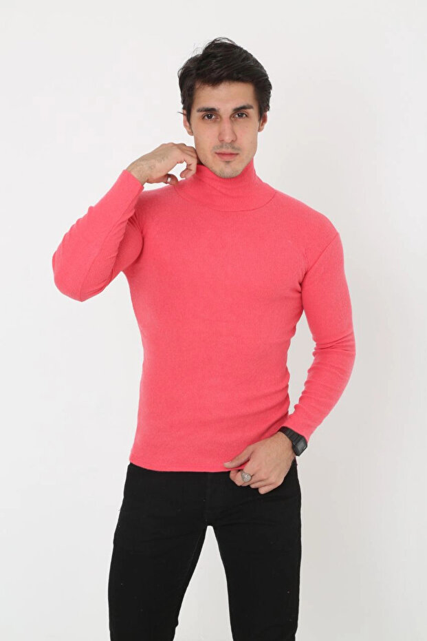 Men's Ribbed Camisole Fabric High Collar Full Lycra Slimfit Bodysuit - Pink