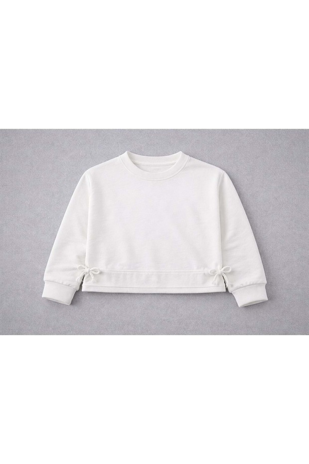 New Season Girl's Waist Tie Detailed Crop Sweatshirt Ecru Color - 8 Years