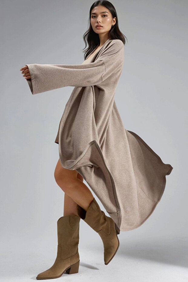 BUSEM Önü Açık Uzun Esnek Örme Hırka - 4