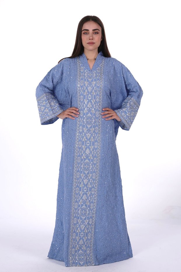 Women's wide embroidered linen jalabiya dress with a hidden belt