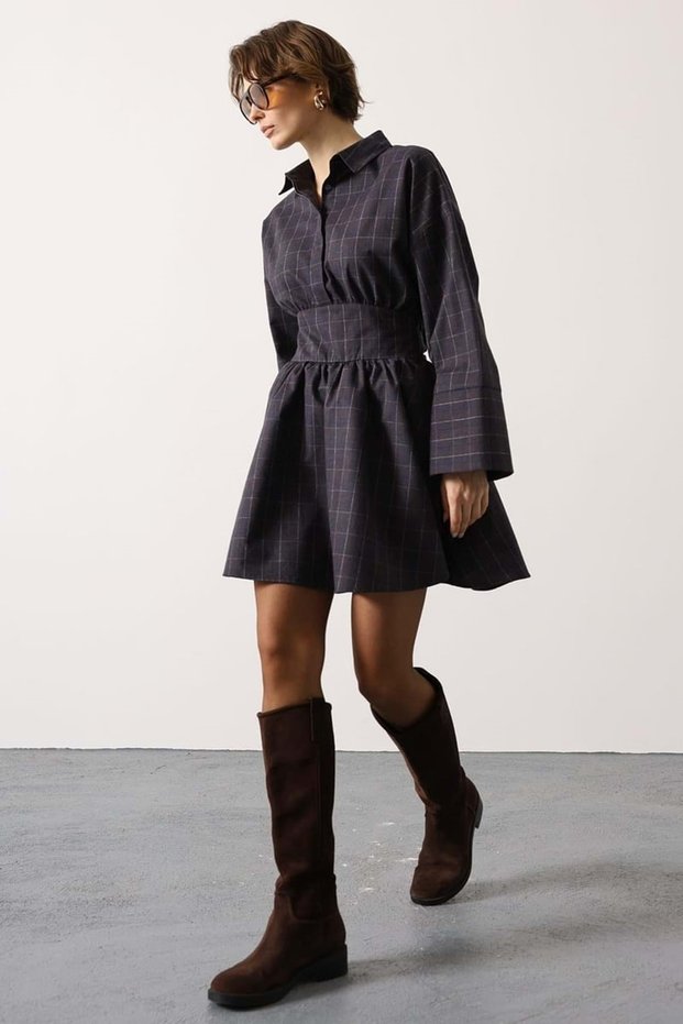 Women's Navy - Brown Cuff Belt Tie-Detail Woven Dress - S