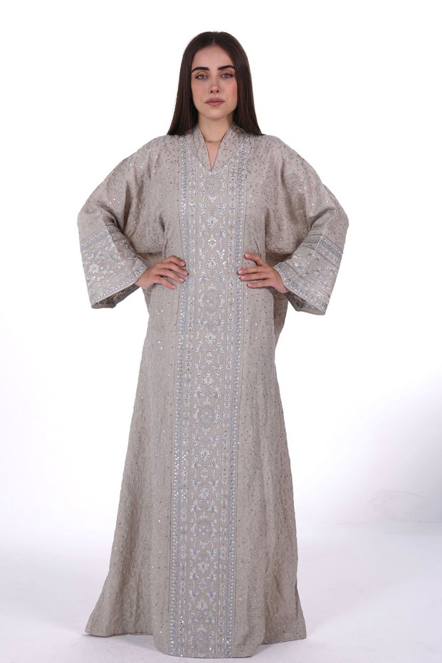 Women's wide embroidered linen jalabiya dress with a hidden belt
