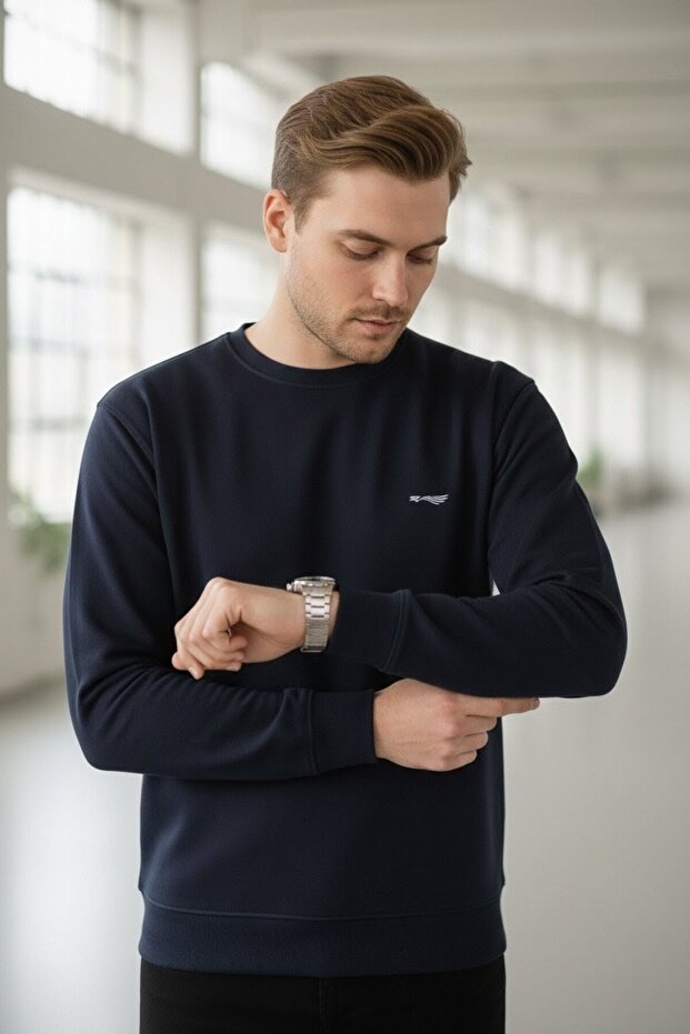 Bisiklet yaka Basic Likralı Erkek Sweatshirt - 2