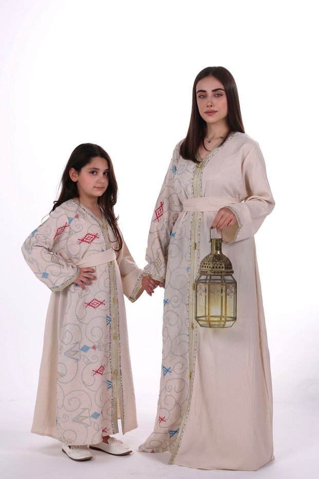 Mom & Daughter Matchy Embroidered Jalabiya Dress - Women's embroidered jalabiya for mother and daughter with a waist belt