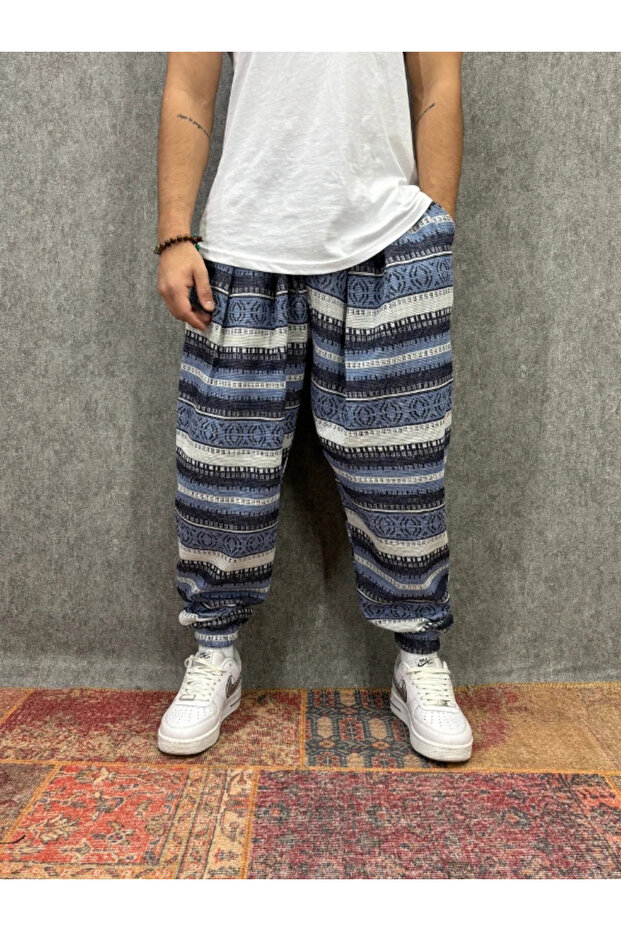 بنطلون شالوار مطوي ومزين بنمط مع خصر مطاطي - 1