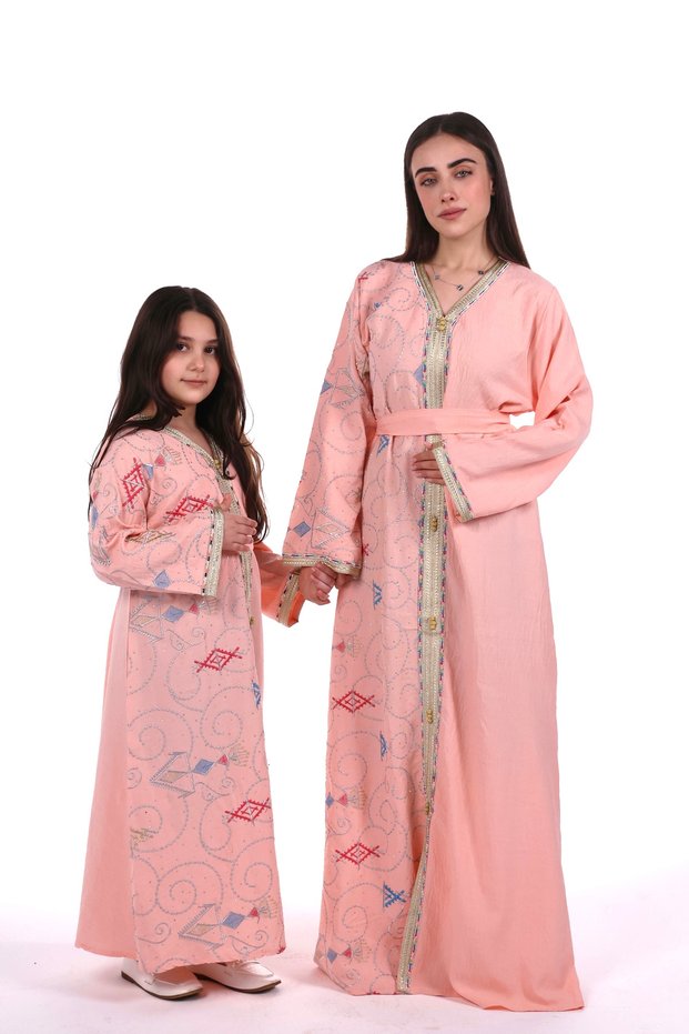 Mom & Daughter Matchy Embroidered Jalabiya Dress - Women's embroidered jalabiya for mother and daughter with a waist belt
