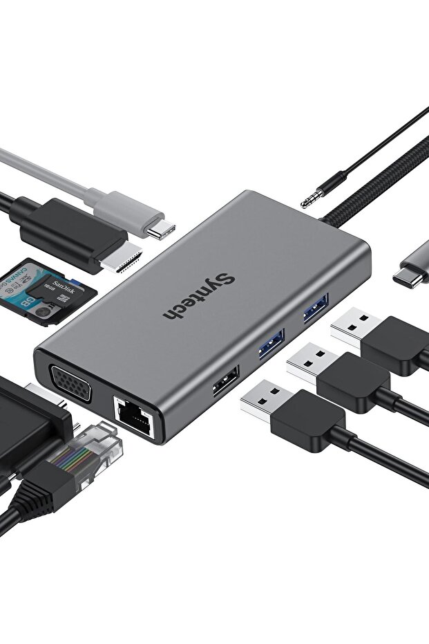 محطة إرساء USB-C متعددة الوظائف 10 في 1، باللون الرمادي
