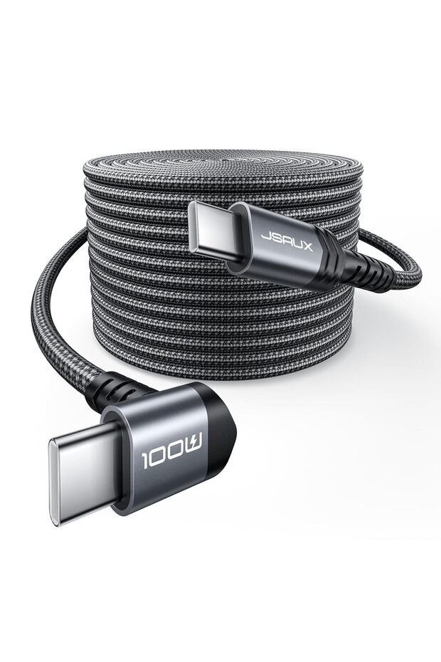 كابل USB C إلى USB C بقوة 100 واط، سلك شحن سريع بزاوية قائمة 3 أمتار، لون رمادي