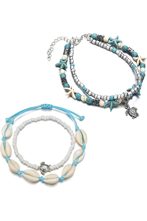 طقم خلخالين على شكل سلحفاة بوهيمي، مكون من قطعتين، مصنوع من طبقات من الصدف، مع أساور فضية للكاحل وسلسلة قدم مزينة بالخرز. - 1