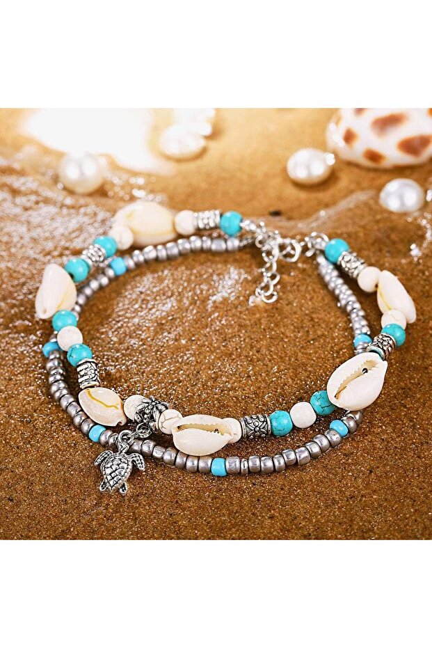 طقم خلخالين على شكل سلحفاة بوهيمي، مكون من قطعتين، مصنوع من طبقات من الصدف، مع أساور فضية للكاحل وسلسلة قدم مزينة بالخرز. - 4