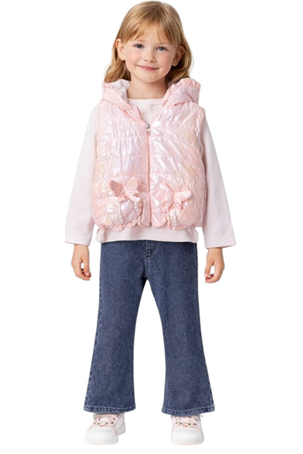 Girl's Shiny Micro Vest Sweatshirt Pants Three-Piece Set with Butterfly Accessories