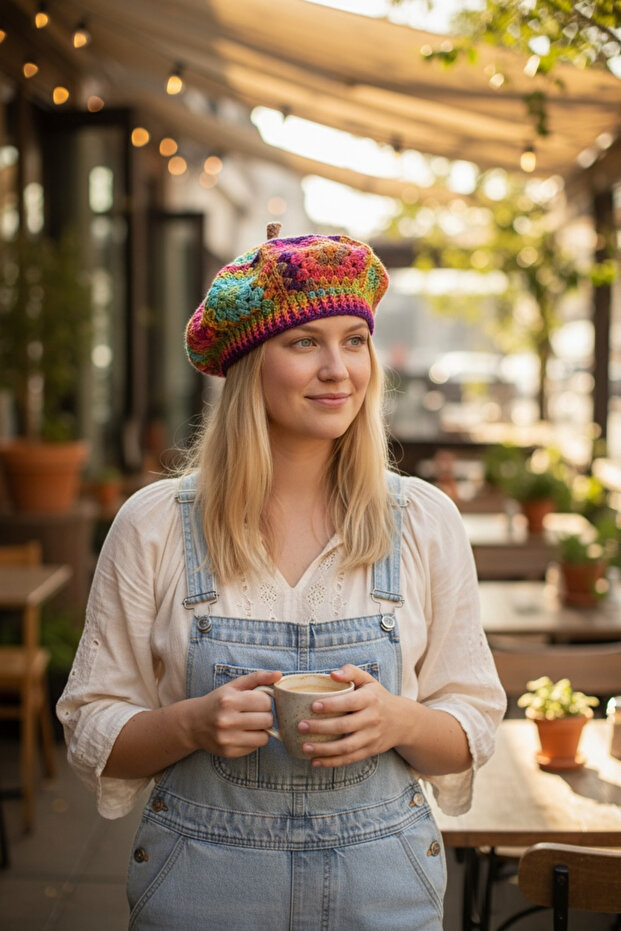 Bohemian Vibrant Color Gradient and Sparkling Painter's Beret, Hat with Knitted Motif