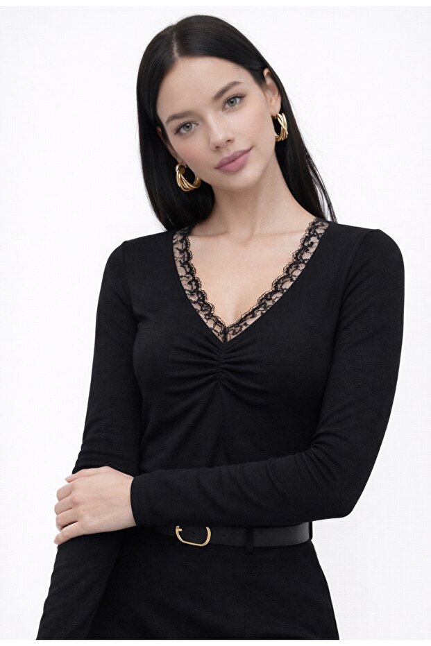 DANTELLİ RELAXED SANDY SİYAH BLUZ - 3