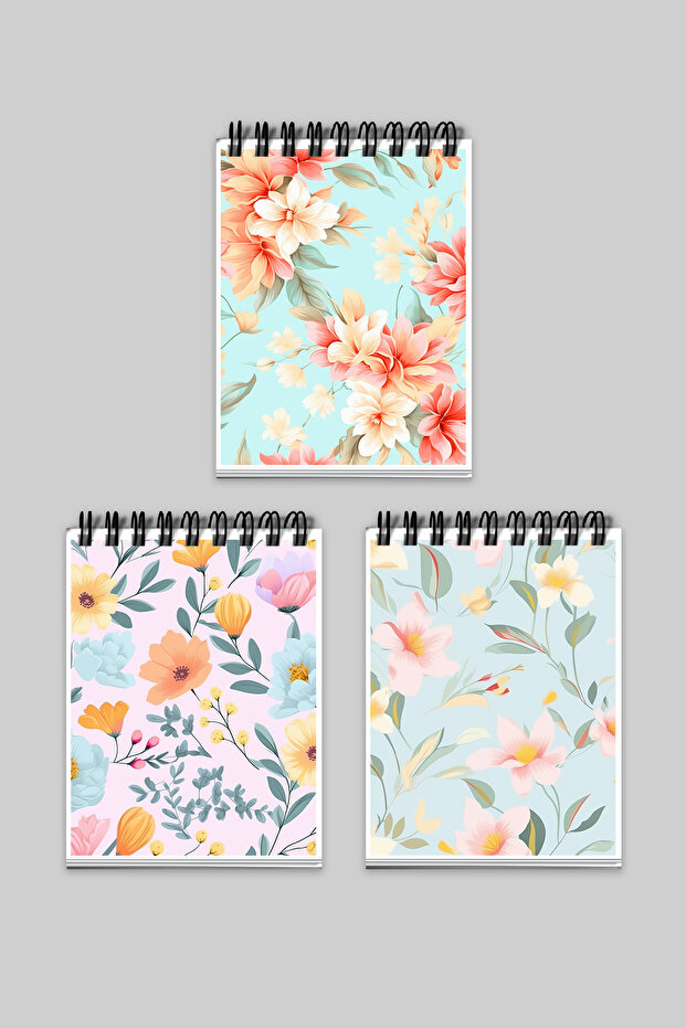 Water Green and Salmon Floral Pastel Spring Branches Design 3-Piece A6 Notebook Set