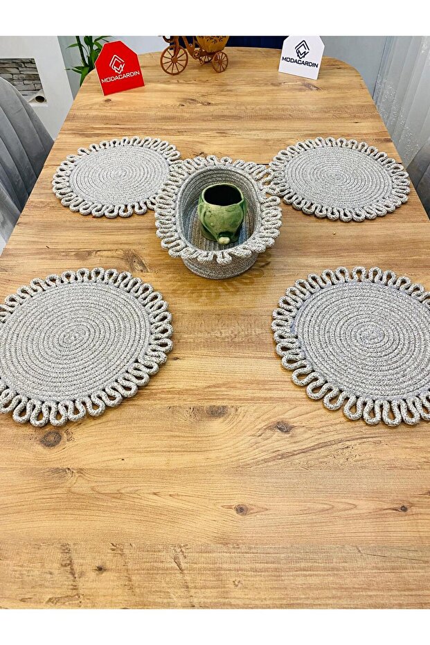 Jute Straw Presentation Plate Mat, American Serving Tray and Basket, 5 Pieces