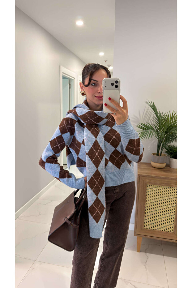 Sofna Bebe Blue Brown Diamond Patterned Shawl Knitwear