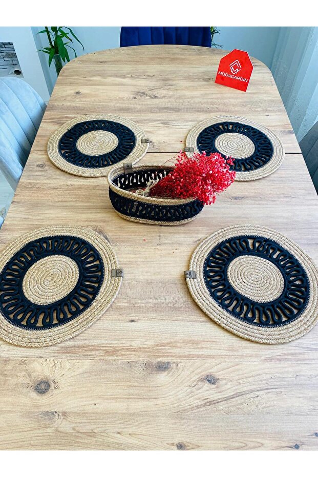Wicker Jute Presentation Plate Mat Supla American Serving Tray and Basket 5 Pieces
