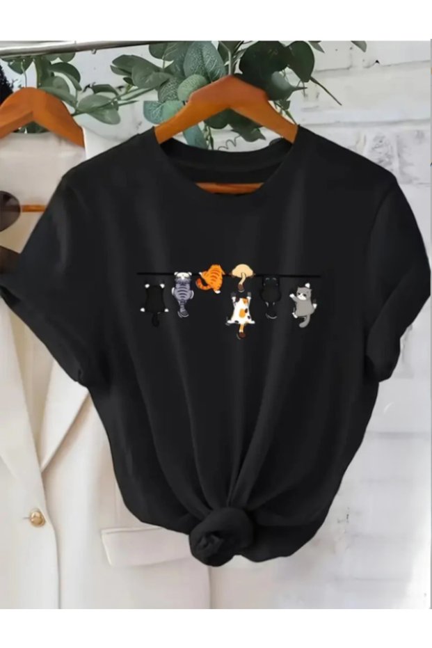 Cat Patterned Unisex Cotton Black Oversized Short Sleeve T-Shirt
