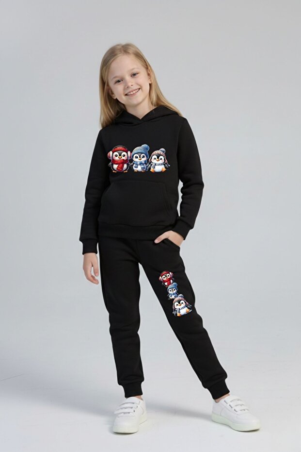 Girl's Penguin Printed Hooded Tracksuit Set