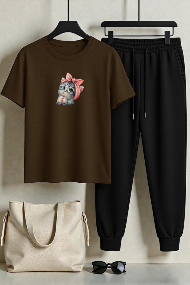 Unisex Cute Cat Printed 2-Piece Tracksuit Set