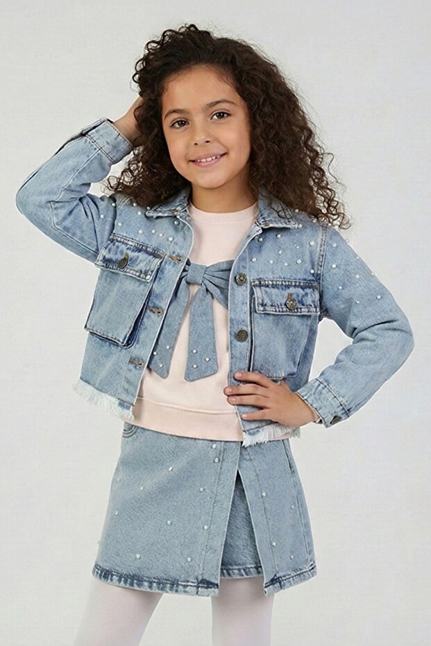 Dmb Girls' Pearl-Embellished Denim Jacket 26Ydmb-9955