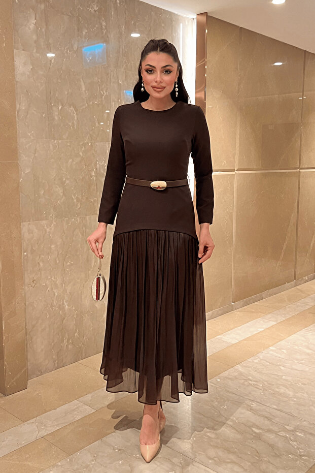 Üst Atlas Alt Chiffon Fabric Dress - Brown