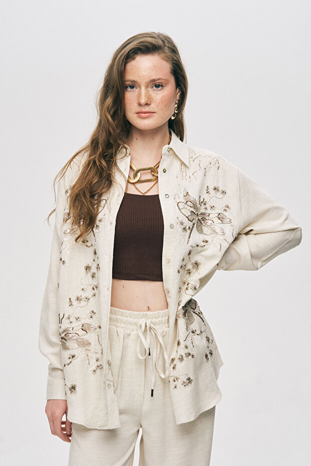Women's Butterfly Embroidered Natur Oversize Shirt