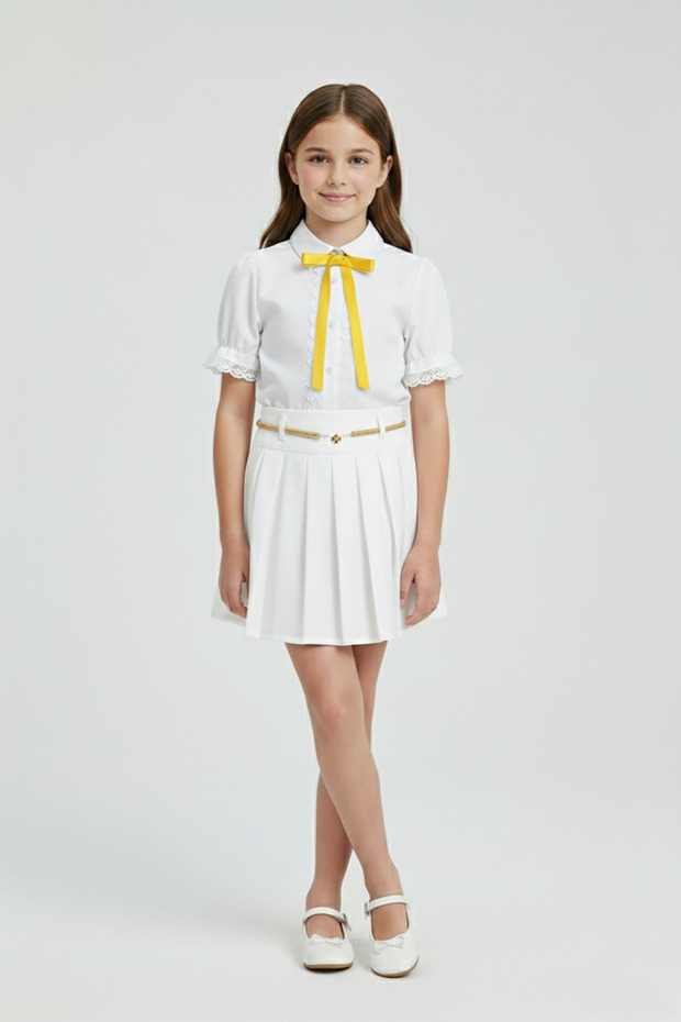 Girl's Yellow Bowknot White Lace Shirt White Pleated Skirt Set April 23