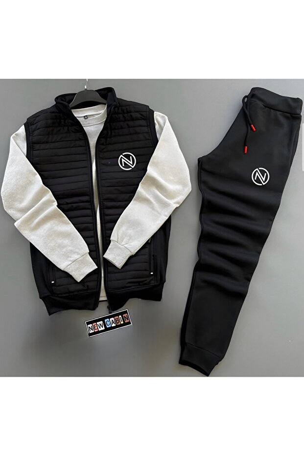 Nc Printed Quilted Knitwear Detailed Vest-Winter Sweatpants-Sweatshirt 3-Piece Top and Bottom Set