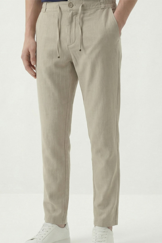 Men's Beige Jogger Pants Woven Striped Buttoned Front Flap Zippered Back Pocket Regular Fit