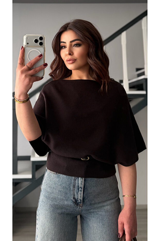 Bitter Brown Boat Neck Bat Sleeve Belted Knitwear Blouse