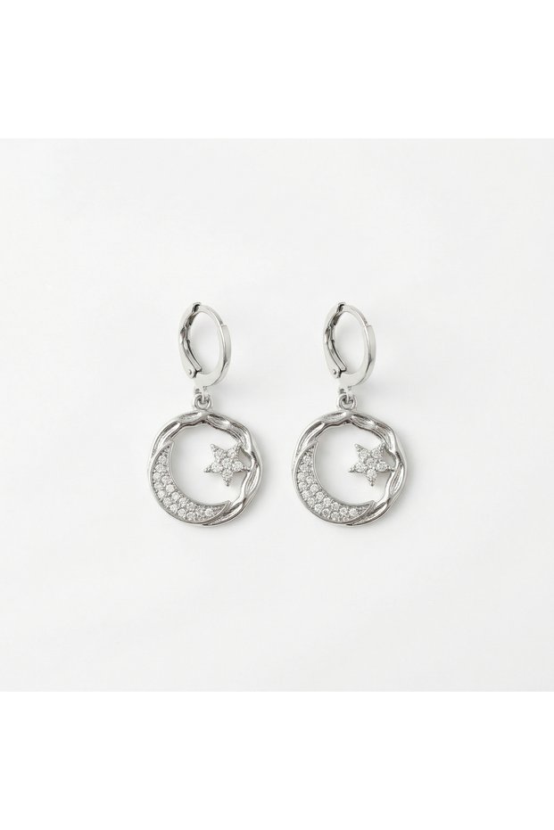 Steel Earrings Silver Color Moon Star Detailed Women's Earrings