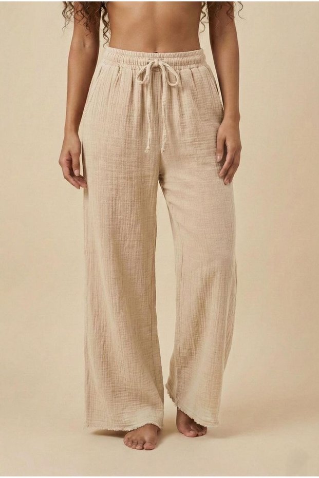 Ecru Color 100% Cotton Muslin Trousers - Elastic Lace-Up Waist, Wide Leg Pockets, Summer Women's Trousers