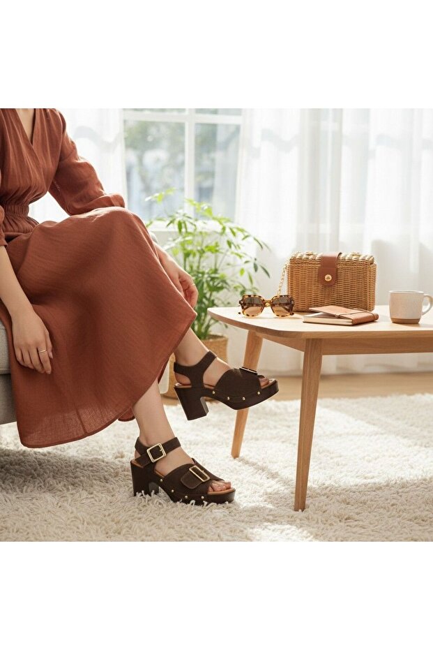 Brown Suede Genuine Leather Light Sole Buckle Women's Clogs Slippers