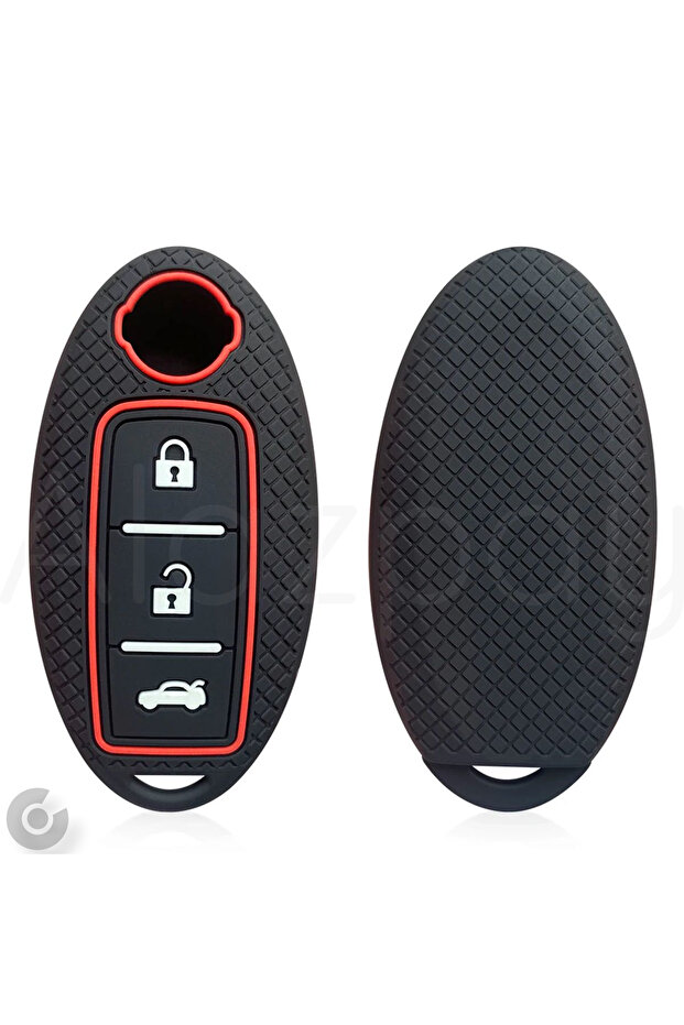 Nissan Compatible Qashqai, X-Trail, T31, T32, Juke, J10, J11 Patterned Silicone Key Case Cover (Black Red with Trunk Key)