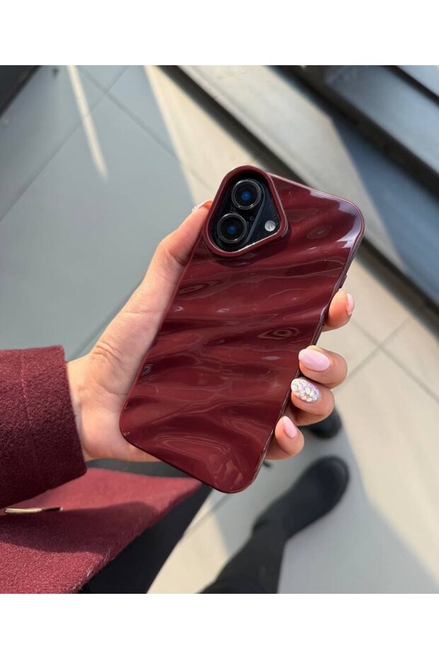 iPhone 16 Plus Compatible Burgundy Marble Pattern Case Shiny Surface Stylish and Shock-Protective Case