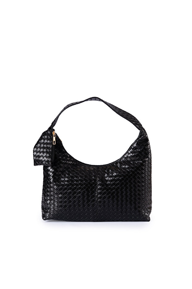 Bonega Knitted Patterned Faux Leather Women's Hand and Shoulder Bag with Accessories Black