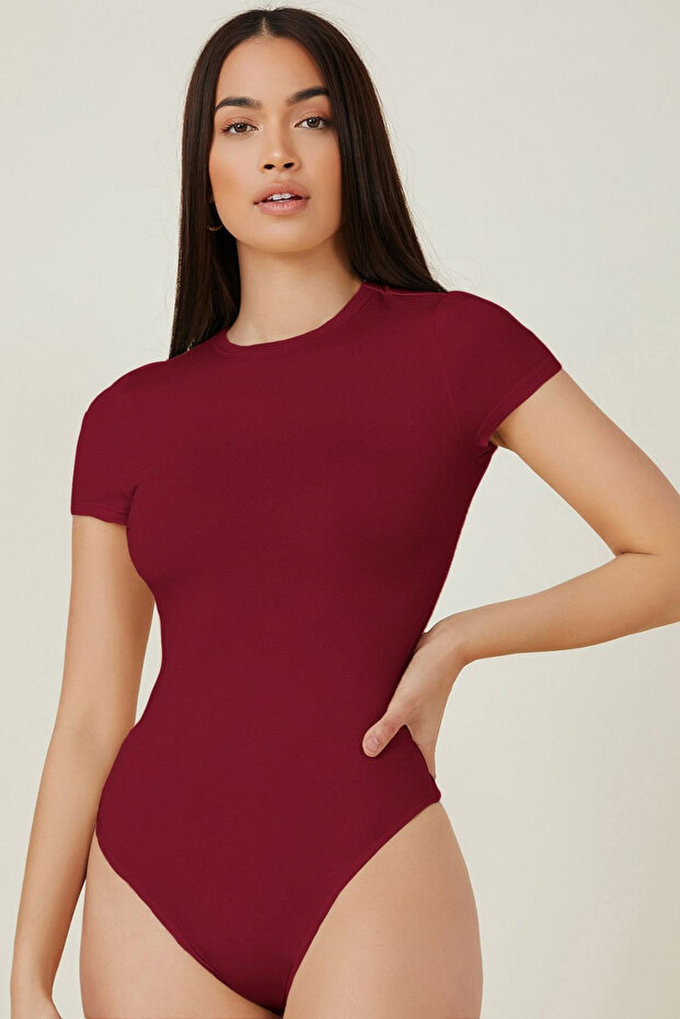 Women's Crew Neck Short Sleeve Body-Hugging Snap Fastener Bodysuit Sun256
