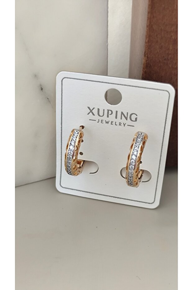 Xuping Vip Earrings - Rose Gold Hoop Model Patterned Stone-Encrusted Steel Earrings, Tarnish-Resistant - 2 cm