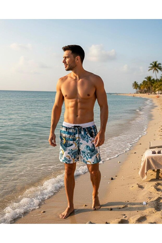 Men's White Tropical Patterned Swim Shorts