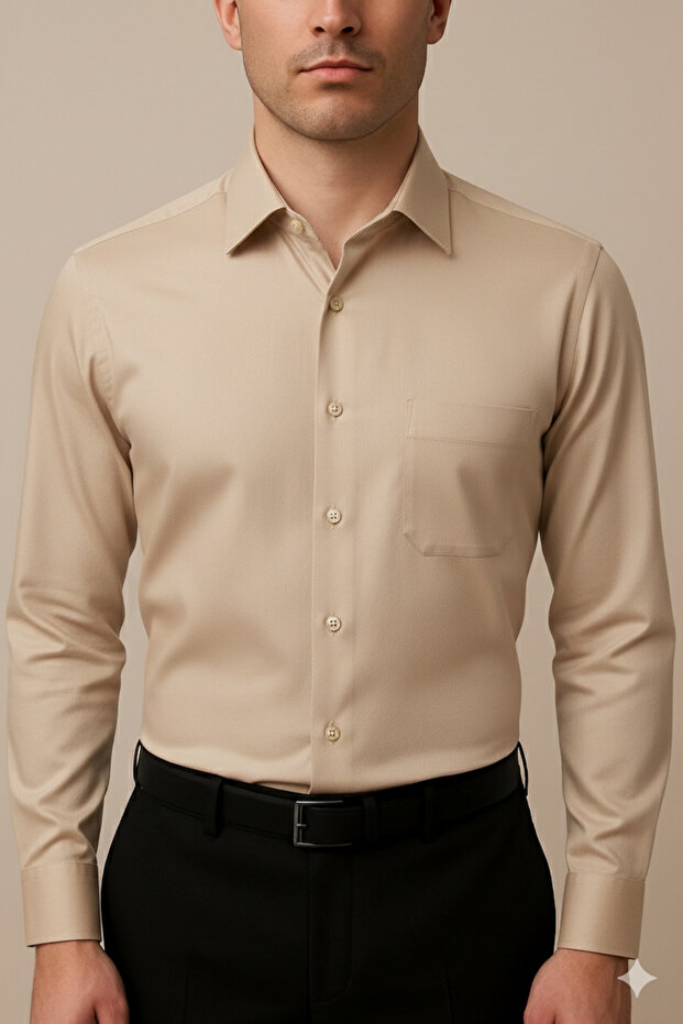 Regular Fit Classic Cut Long Sleeve Easy-Iron Breathable Texture Tie-Down Collar Four Seasons Single Pocket Shirt