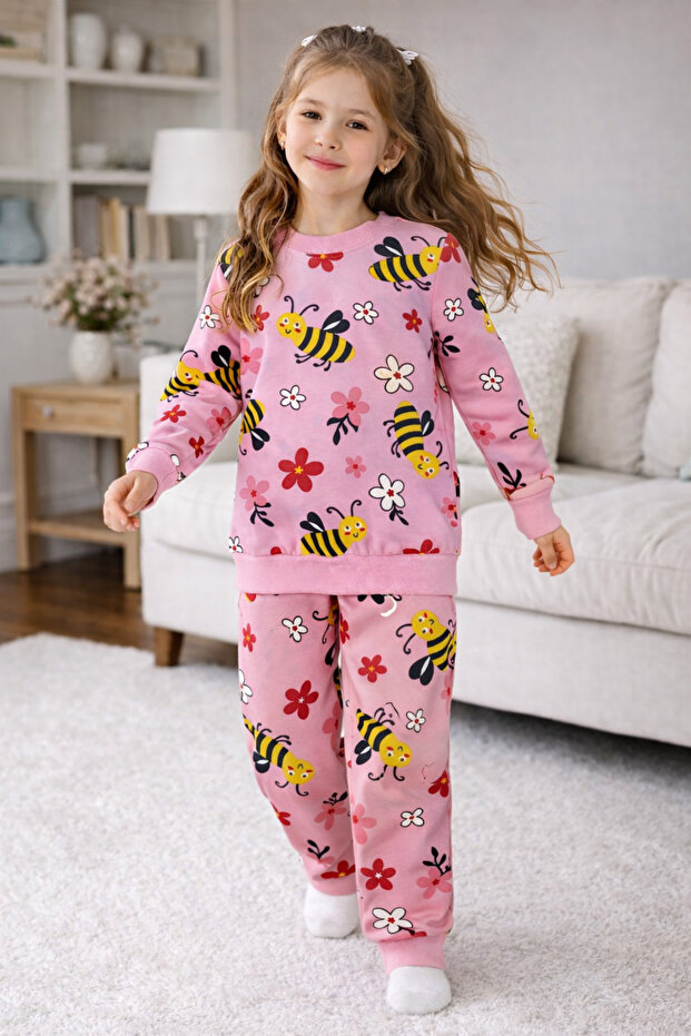 Girl's Bee Patterned Pink Top and Bottom Pajama Set