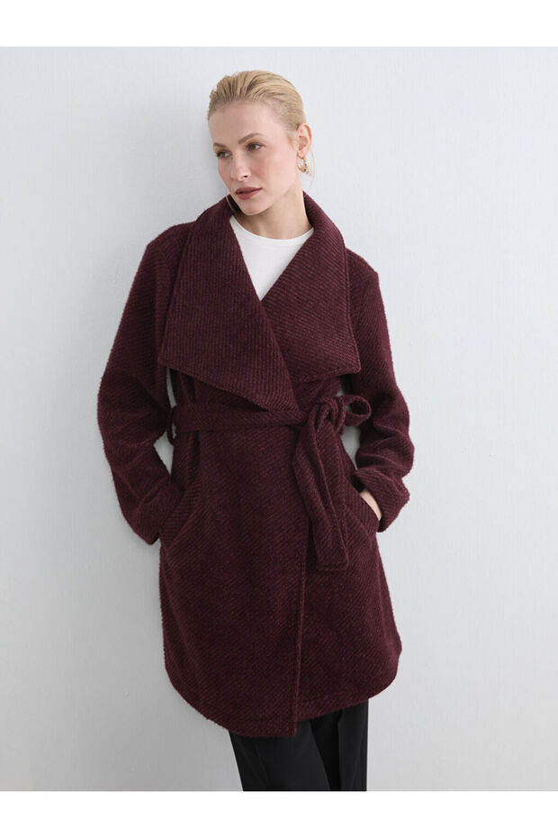 Lcw Grace Burgundy Double-Breasted Collar Women's Melton Coat
