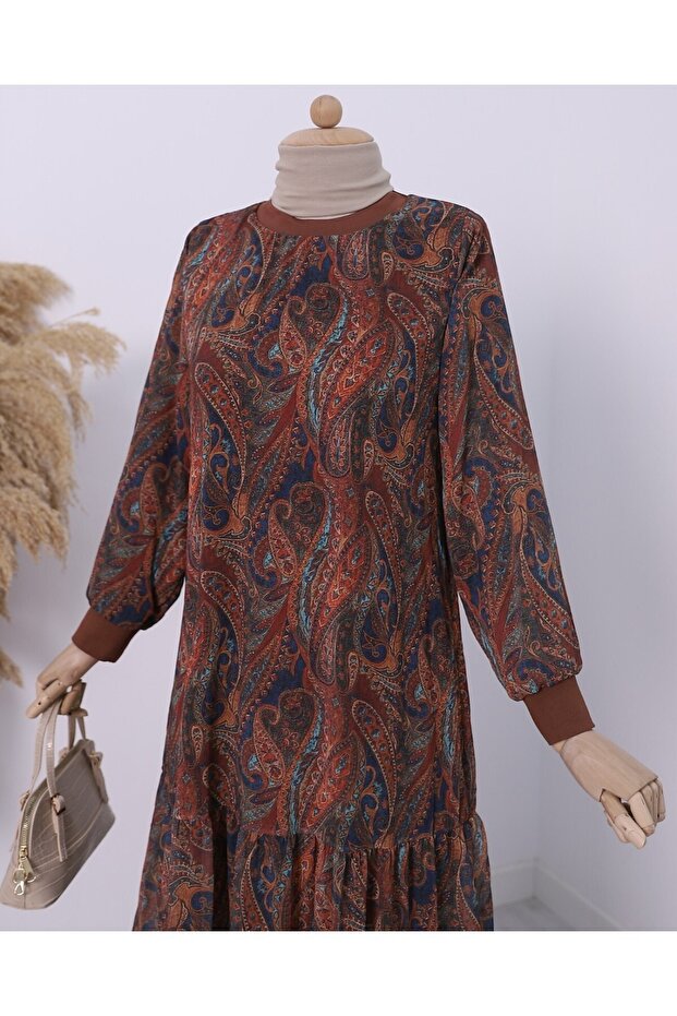 فستان شيفون مبطن بنقشة أصلية - بني - 3