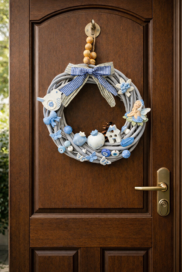 Mavi Melek Figürlü Hasır Kapı Süsü - 1